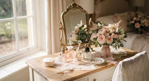 Bridal morning vanity styling with delicate heirloom accessories