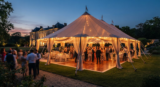 Oceancliff manor sailcloth pavilion with parquet dance floor and ambient lighting