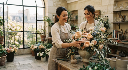 David Austin garden rose arrangement and botanical installation in stone vessel